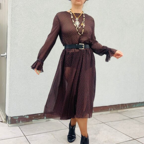 🌸 Philosophy Sheer Midi Dress Micro Floral Print Ditzy Black - Picture 8 of 16